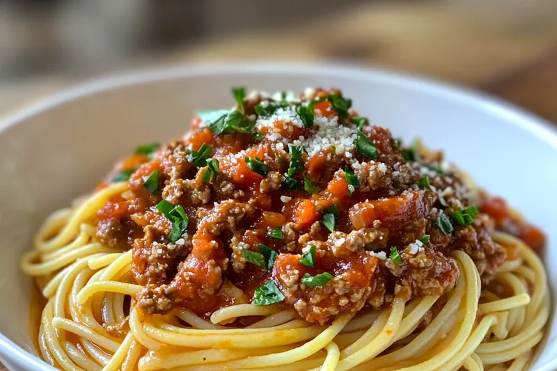 A pot of simmering Classic Italian Spaghetti Sauce on the stove, with ingredients bubbling.