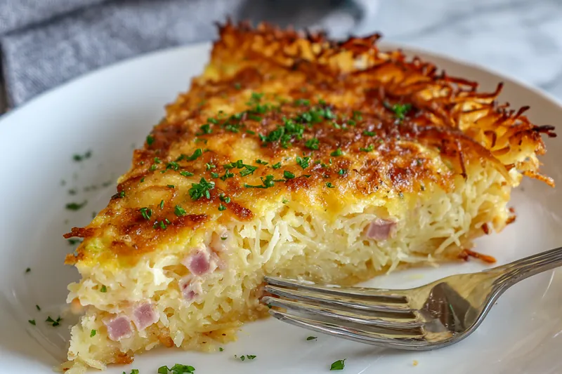 Golden baked quiche in a pie dish with a slice removed, revealing the layers of egg, ham, and potato