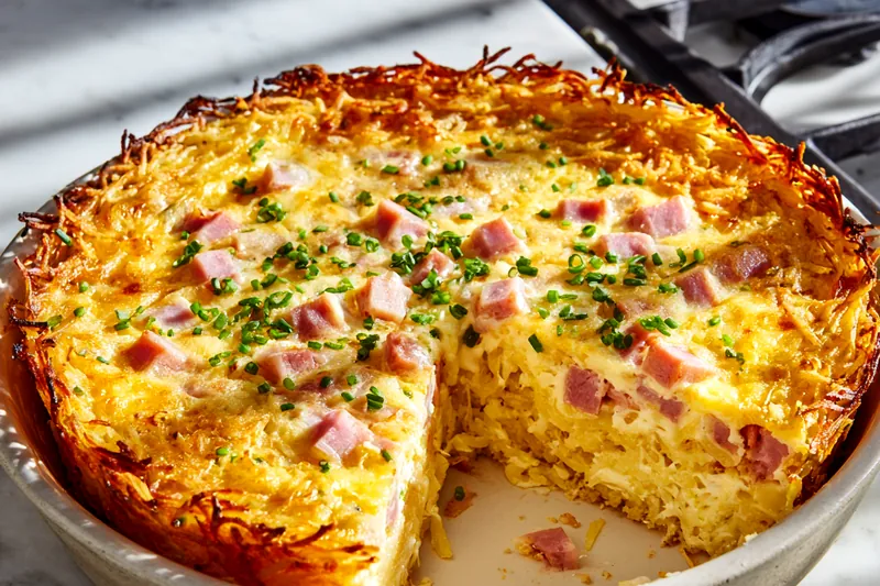 Raw ingredients including a bag of hashbrowns, eggs, ham, cheese, and green onions on a marble surface