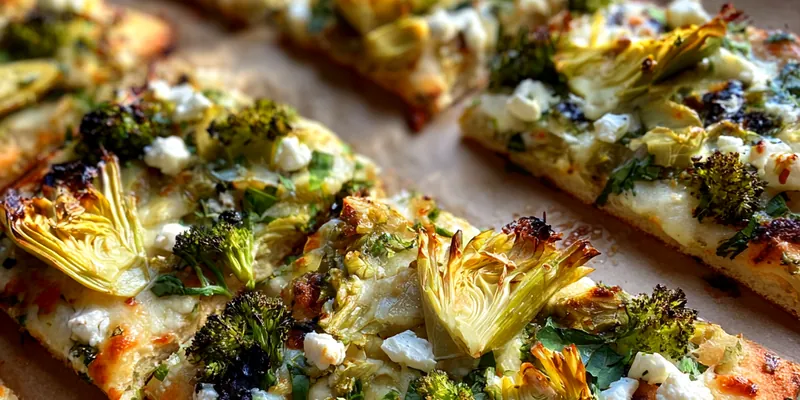 Delicious Artichoke Broccoli Flatbread served on a plate