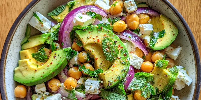 A vibrant bowl of Avocado Chickpea Salad Delight garnished with fresh cilantro and lime slices on a wooden table.