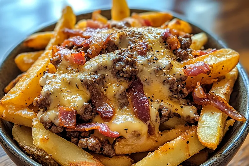 Frying potatoes and cooking beef for Bacon Burger Loaded Fries in a skillet.