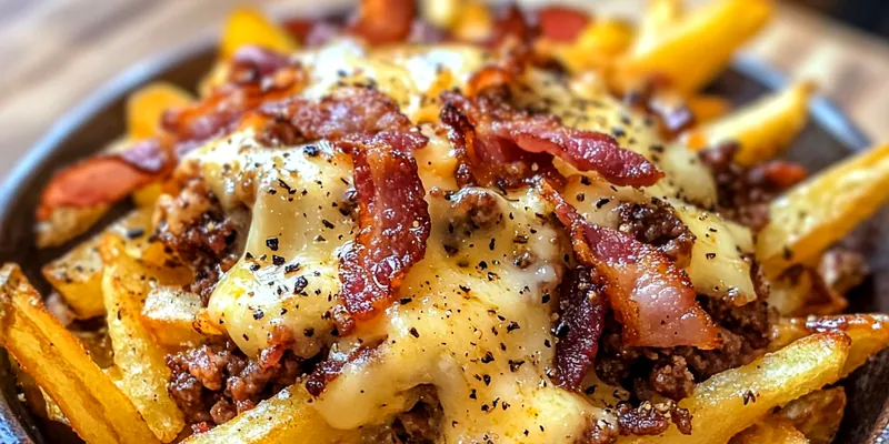A delicious serving of Bacon Burger Loaded Fries topped with melted cheese, crispy bacon, and fresh toppings.
