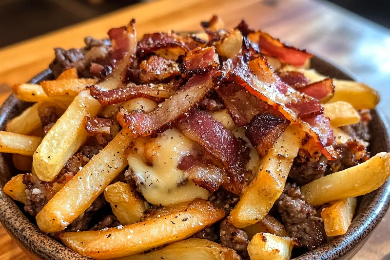 Fresh ingredients laid out for Bacon Burger Loaded Fries, including potatoes, bacon, and cheese.