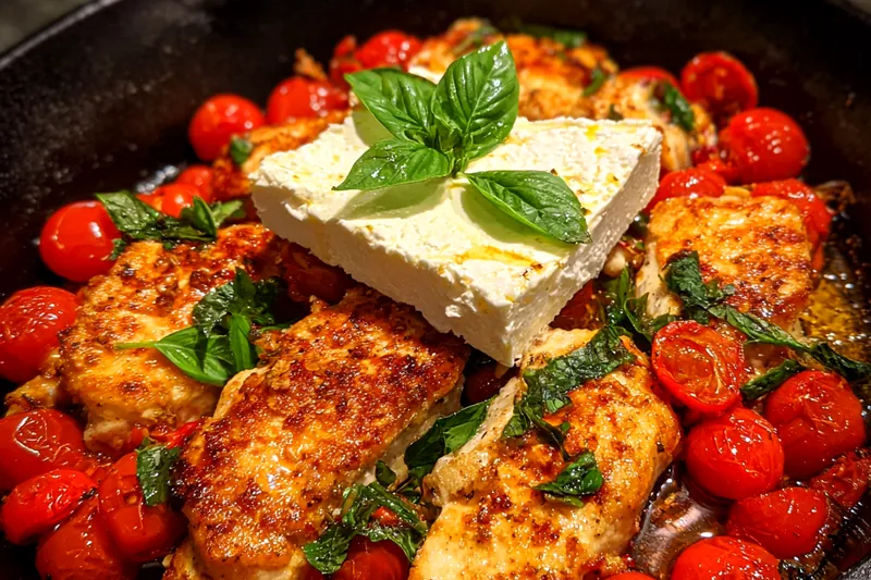 Cooking process showing chicken being seared in a skillet for Baked Feta Chicken Delight.