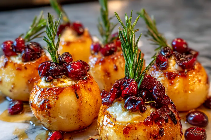 Fresh ingredients for baked pears including whole pears, goat cheese log, honey jar, fresh cranberries, and rosemary sprigs arranged on marble surface