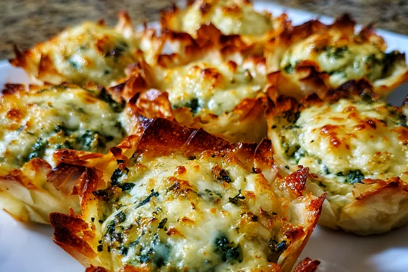 A step-by-step process image showing the Baked Spinach Artichoke Cups being prepared, filled, and baked in the oven.