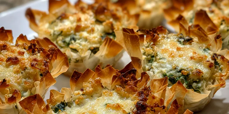 A delicious platter of Baked Spinach Artichoke Cups, golden and bubbly, garnished with herbs.
