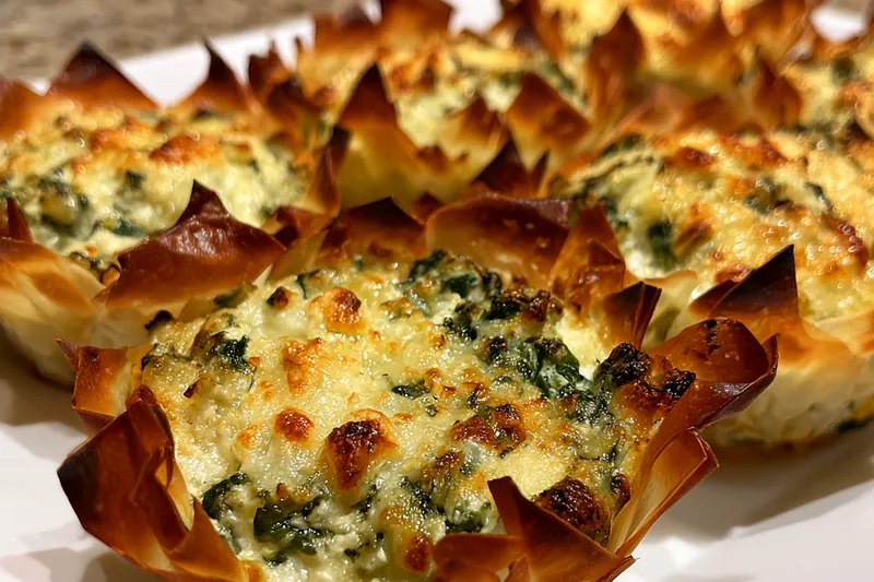 An organized display of ingredients used in Baked Spinach Artichoke Cups, including spinach, artichokes, cheese, and phyllo cups.