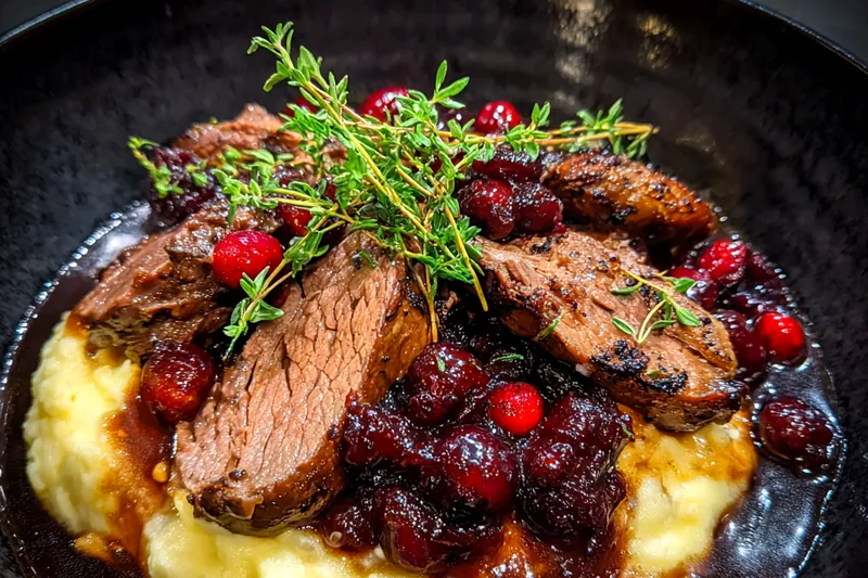 Arrangement of fresh ingredients for Balsamic Cranberry Roast Beef Delight, showcasing quality beef and vibrant cranberries.
