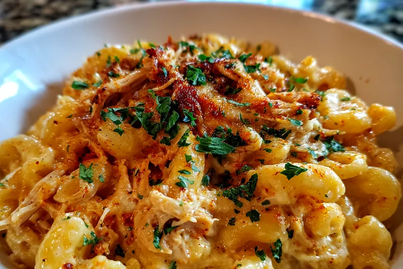 A close-up of BBQ Chicken Mac and Cheese Delight being baked in an oven, showcasing melted cheese and bubbling sauce.