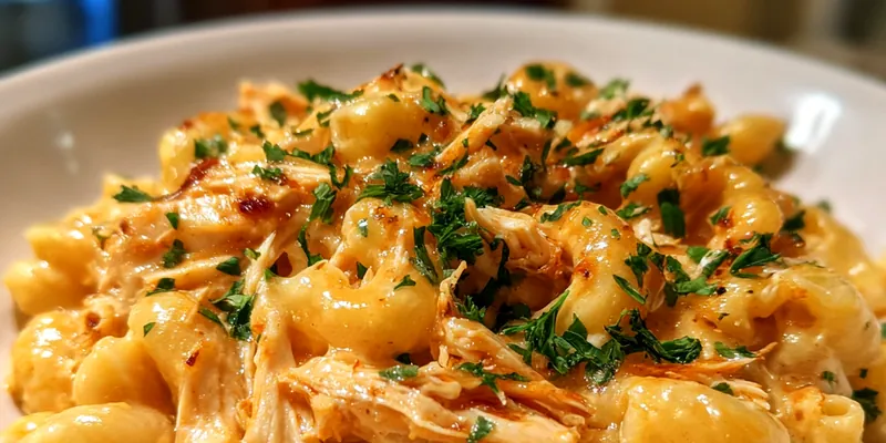 A deliciously baked BBQ Chicken Mac and Cheese Delight served in a rustic dish, topped with breadcrumbs and parsley.