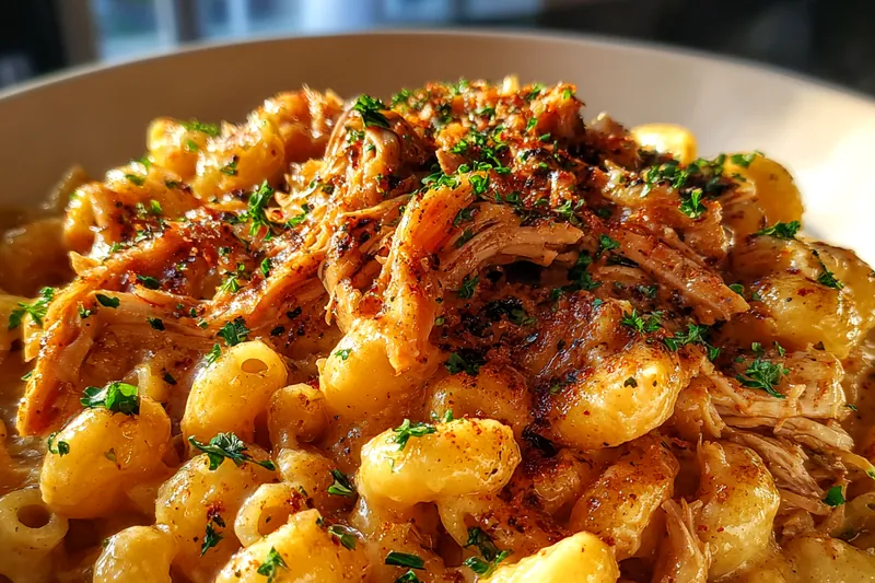 Ingredients for BBQ Chicken Mac and Cheese Delight displayed on a wooden table, including pasta, sauce, and cheese.