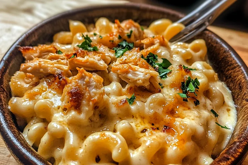 A chef expertly cooking BBQ Chicken Macaroni Delight in a skillet, showing the vibrant colors and textures of the dish.