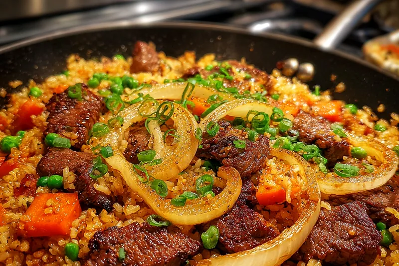 A vibrant shot of Beef and Onion Fried Rice Delight being stir-fried in a wok, showcasing the colorful ingredients.