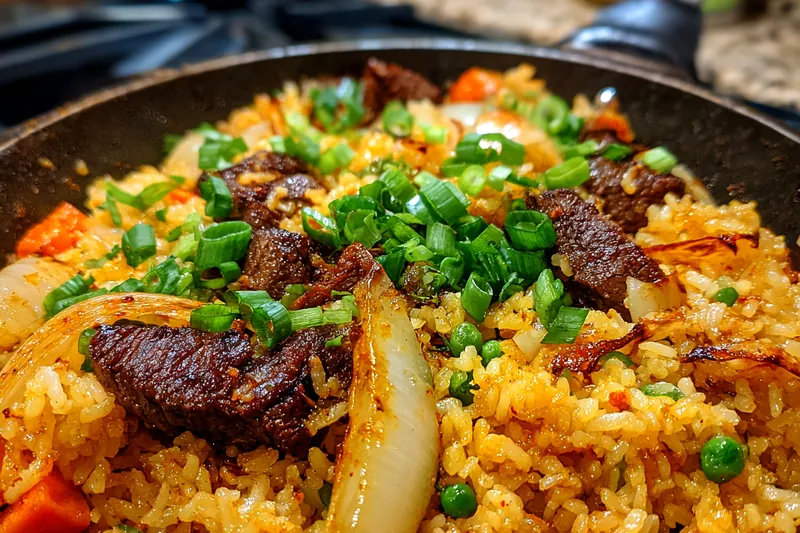 A colorful assortment of ingredients for Beef and Onion Fried Rice Delight arranged on a cutting board.