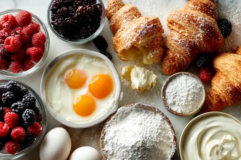 Ingredients for berry croissant bake including torn croissants, fresh raspberries, blackberries, eggs, cream, and sugar arranged on marble counter