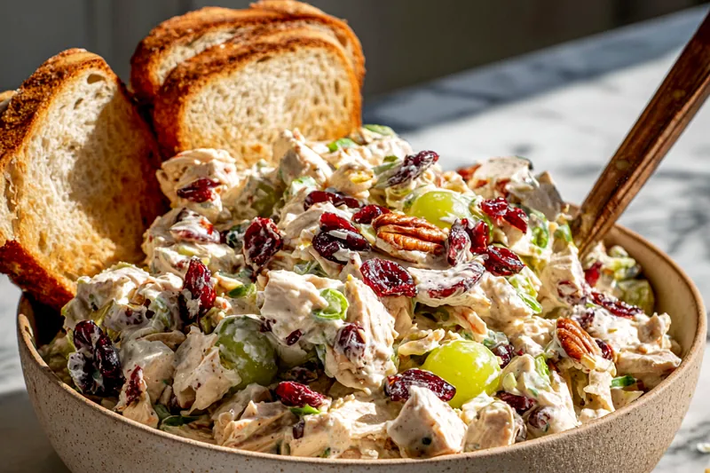 Raw ingredients for fall chicken salad including cooked chicken, mayo, celery, pecans, cranberries, and grapes laid out on a marble counter