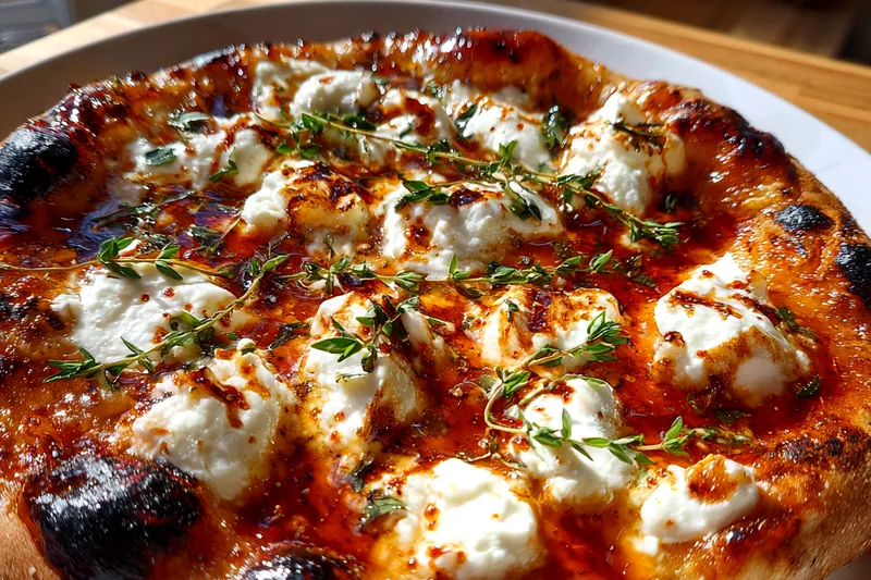 Slicing a hot pizza with a pizza cutter, showing the stringy cheese pull and glistening honey glaze