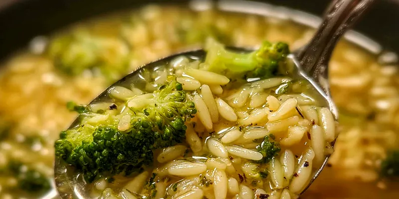 Delicious Broccoli Orzo Soup served on a plate