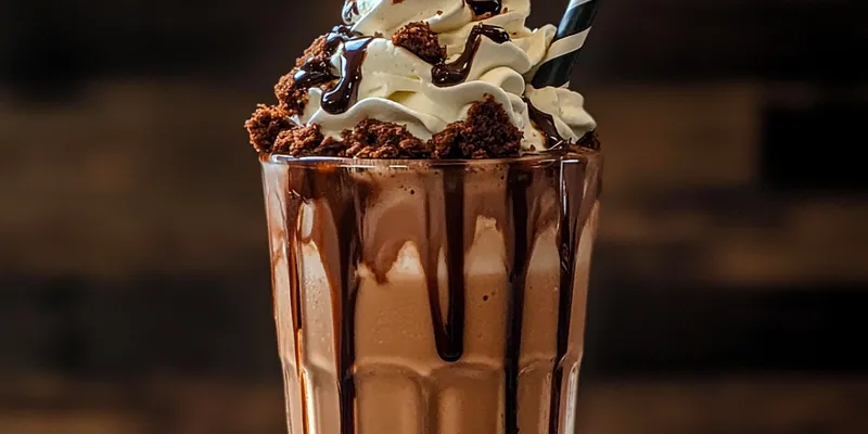 A delicious Decadent Brownie Milkshake topped with whipped cream, chocolate chips, and brownie pieces in a tall glass.