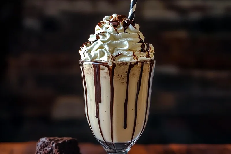 An array of ingredients for the Decadent Brownie Milkshake, including brownies, ice cream, milk, and toppings.