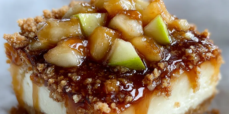 A beautifully arranged plate of Caramel Apple Cheesecake Bars Delight topped with caramel drizzle and walnuts.