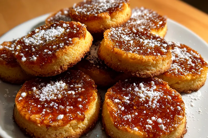 Custard tarts baking in oven with golden pastry and set custard filling visible through oven window