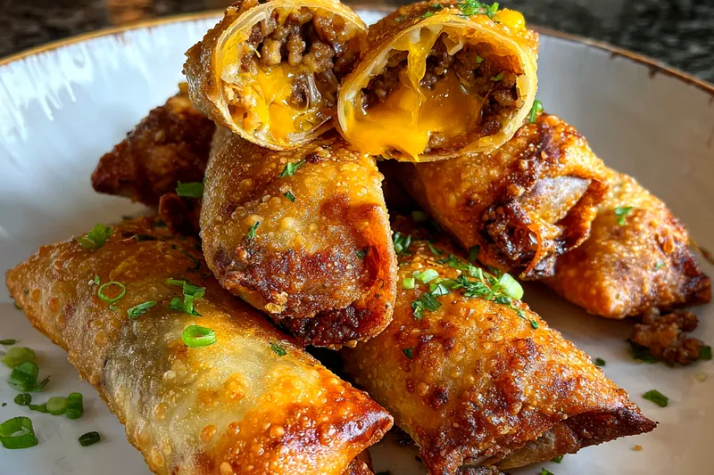 A cooking process showing Savory Cheeseburger Eggrolls frying in hot oil until golden brown.
