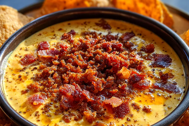 Fresh ingredients for Cheesy Bacon Queso Delight including cheese, bacon, and spices.