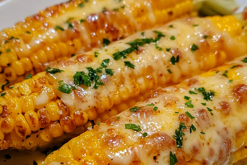 Chef stirring the cheesy garlic butter corn in a skillet, showcasing the creamy texture.