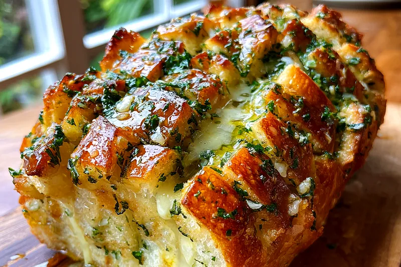 Unbaked dough squares stacked in a loaf pan covered in garlic butter and cheese, ready for the oven