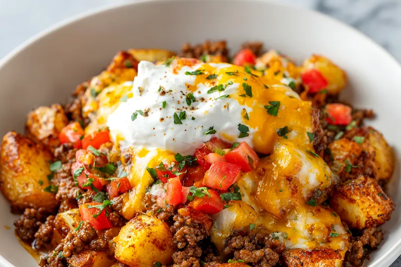 A skillet filled with browned ground beef and golden fried potatoes being tossed together