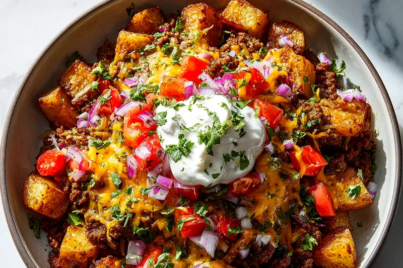 Raw ingredients including ground beef, russet potatoes, red onion, cheddar cheese, and cilantro on a marble surface