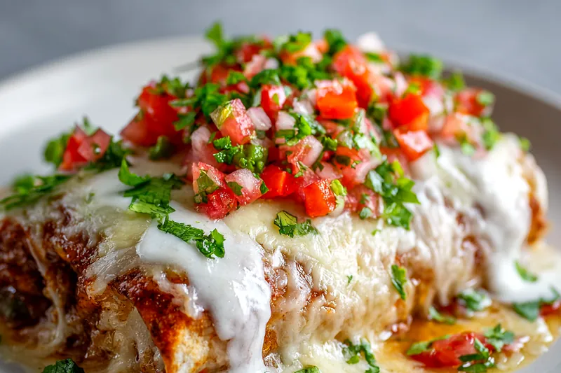 Raw ingredients for cheesy chicken enchiladas including tortillas, shredded chicken, cheese, cream, jalapeños, and spices on a marble counter