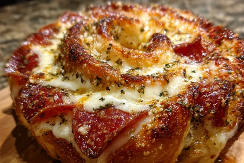 Ingredients for pizza bread: biscuit cans, pepperoni slices, shredded mozzarella, butter, and herbs on a counter