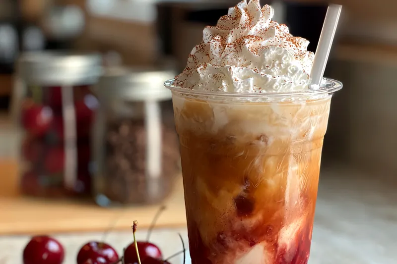 A step-by-step view of preparing the Cherry Vanilla Iced Latte Delight, showing the mixing of ingredients.