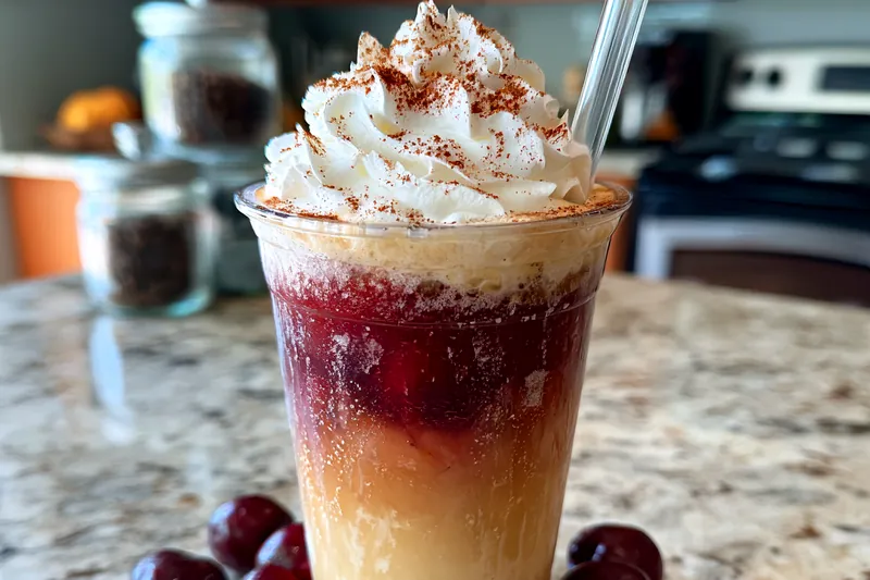 A vibrant display of ingredients for Cherry Vanilla Iced Latte Delight, including coffee, cherries, and milk.