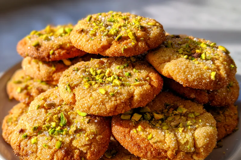 Golden-brown pistachio cookies on a baking sheet being brushed with honey glaze, topped with chopped pistachios