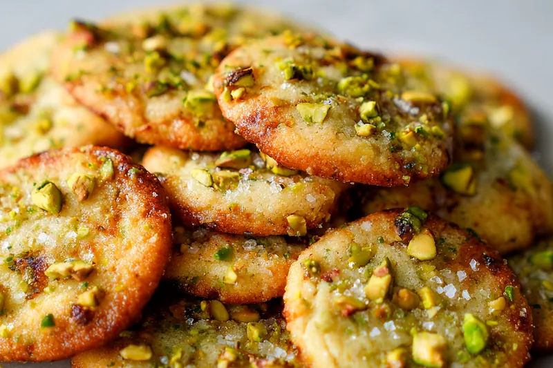 Overhead view of cookie ingredients including butter, pistachios, honey, flour, eggs, sugars, and vanilla arranged on marble surface