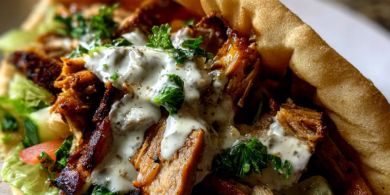 A beautiful plate of Savory Chicken Shawarma Delight with vibrant vegetables and sauce