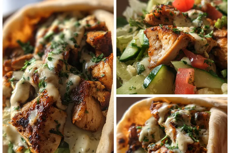 A colorful display of ingredients for Savory Chicken Shawarma Delight including chicken, spices, and fresh vegetables