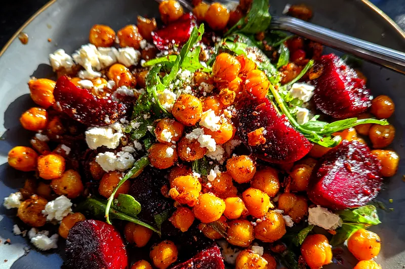 Fresh ingredients for Chickpea Beet Feta Salad
