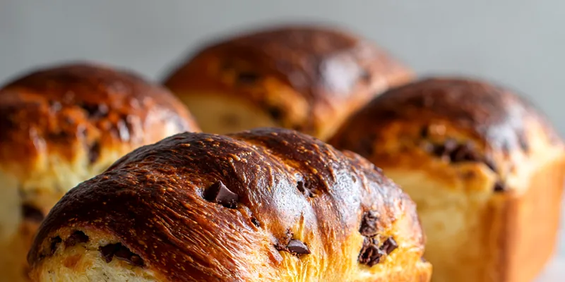 Freshly baked chocolate chip vanilla brioches on a plate
