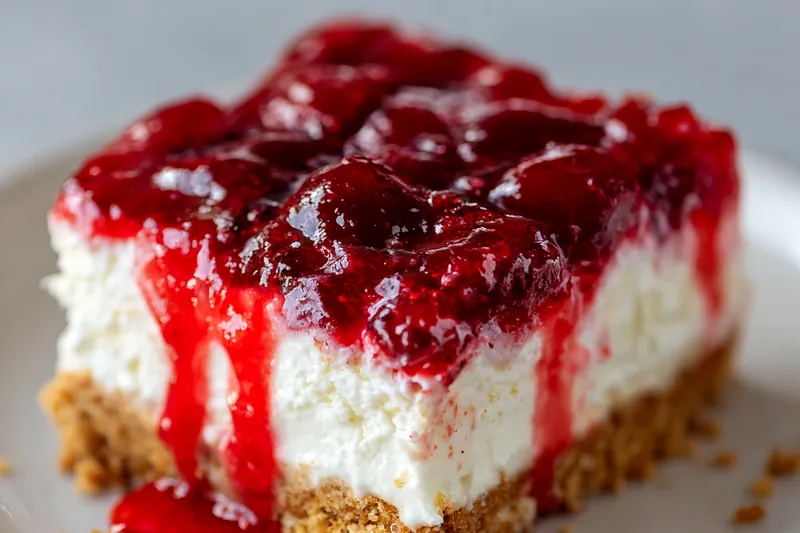 A hand using a spatula to spread the white cream cheese filling over the graham cracker crust in a glass dish.