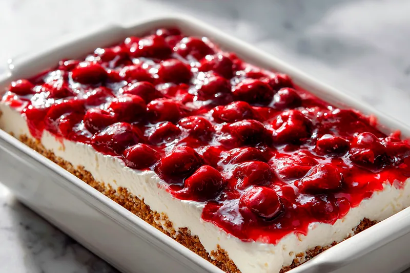 Ingredients for Cherry Delight dessert including graham crackers, butter, cream cheese, whipped topping, and cherry pie filling arranged on a kitchen counter.