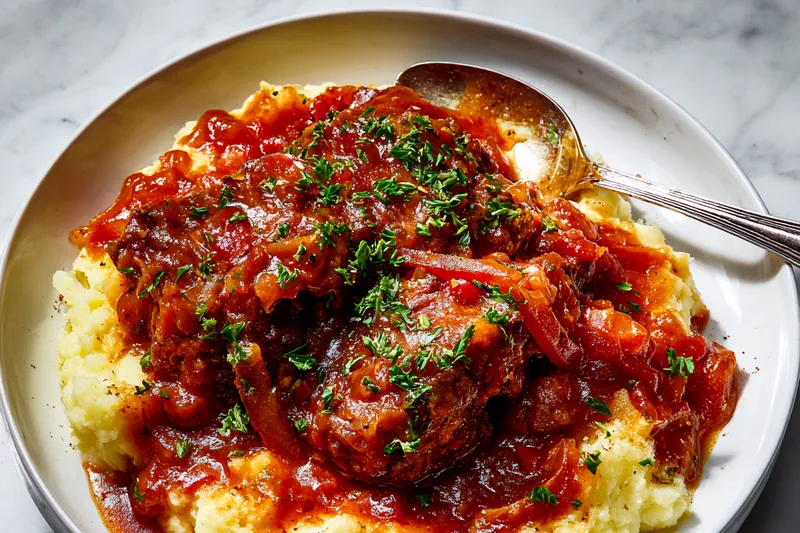 Ingredients for Swiss steak including round steak, flour, canned tomatoes, onion, bell pepper, and beef broth on a marble counter.