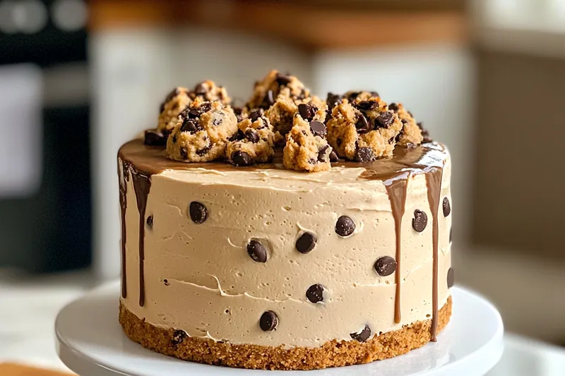 The step-by-step process of making the Decadent Cookie Dough Cake including mixing, baking, and frosting.
