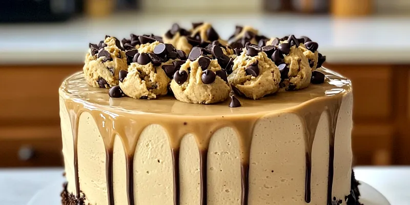A beautifully layered Decadent Cookie Dough Cake topped with chocolate frosting and cookie dough bites.