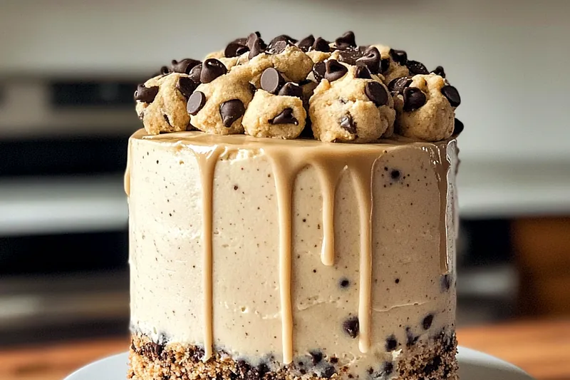 A beautiful arrangement of ingredients for Decadent Cookie Dough Cake including butter, sugars, flour, and chocolate chips.